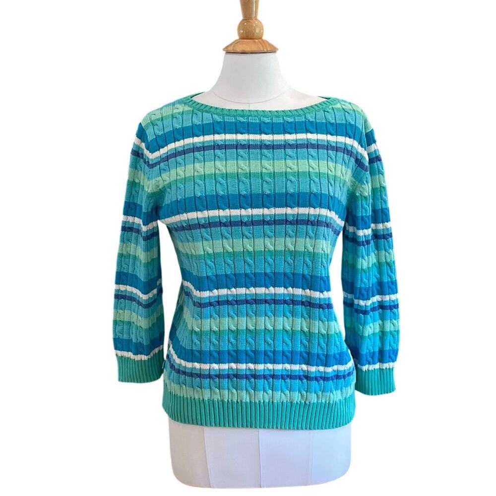 Lauren Ralph Lauren Blue Stripe Crew Neck Cable Knit Sweater, Preppy XL